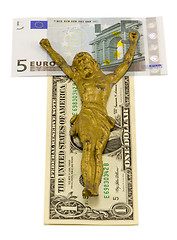 Image showing concept gold jesus crucify euro dollar cash white 