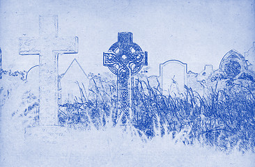 Image showing Drawing of a celtic cross on a graveyard