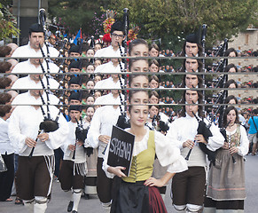 Image showing Spanish folk musicians group playing bagpipes