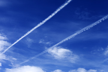 Image showing Blue sky with contrails