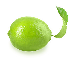 Image showing Fresh lime with one green leaf