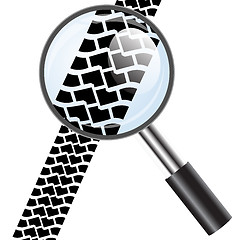 Image showing Magnifying glass icon, trail tires. Vector illustration.