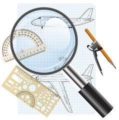 Image showing Magnifying glass icon, drawing   aircraft. Vector illustration.