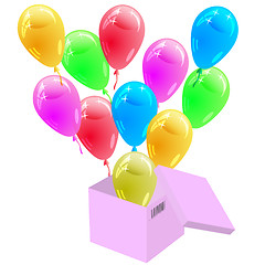 Image showing Glossy multicolored balloons flying out of the cardboard box. Ve