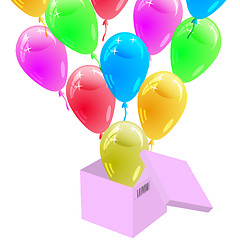 Image showing Glossy multicolored balloons flying out of the cardboard box. Ve