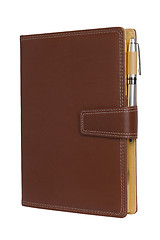 Image showing Leather notebook and pencil on white background.