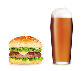 Image showing Hamburger with beer over white background