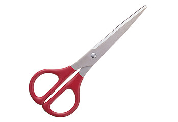 Image showing Red plastic handle closed scissors on white background.