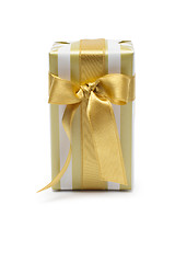 Image showing Gift box in gold duo tone with golden satin ribbon and bow isolated over white background.