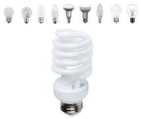 Image showing Different old types of bulbs and modern light-bulb isolated