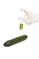 Image showing Bio genetics research of food , modified cucumber with syringe