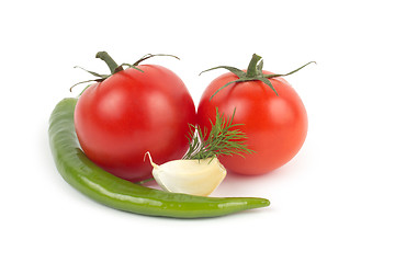 Image showing Chili pepper, garlic and tomatos isolated on white background