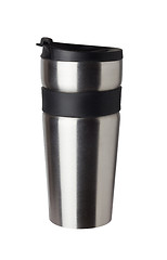 Image showing Thermos travel tumbler, cup. Closeup.