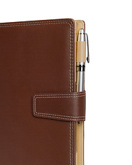 Image showing Leather notebook and pencil on white background.