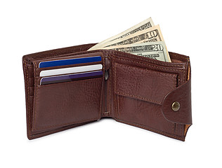 Image showing brown leather wallet with money isolated on white background