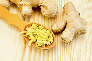 Image showing Ginger fresh grated in a wooden spoon