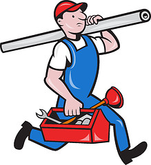 Image showing Plumber With Pipe Toolbox Cartoon