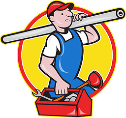 Image showing Plumber With Pipe Toolbox Cartoon