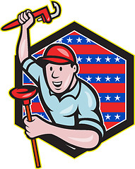 Image showing Plumber With Monkey Wrench And Plunger Cartoon