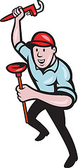 Image showing Plumber With Monkey Wrench And Plunger Cartoon