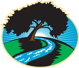 Image showing Pecan Tree Winding River Sunrise Retro
