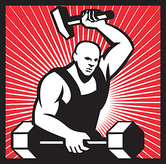 Image showing Blacksmith With Hammer Striking Barbell