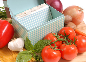 Image showing Recipe box with ingredients for spaghetti