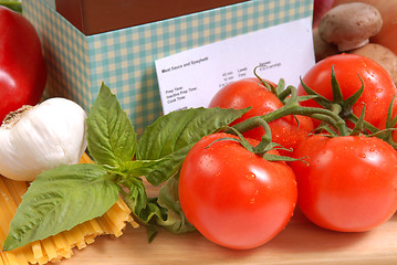 Image showing Recipe box with ingredients for spaghetti