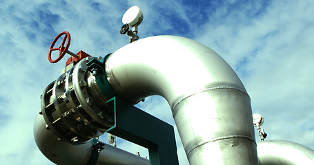 Image showing Industrial zone, Steel pipelines and cables in green tones