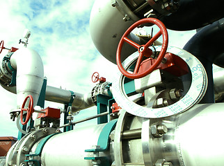 Image showing Industrial zone, Steel pipelines and cables in green tones