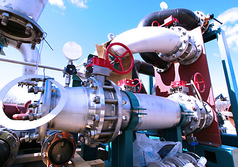 Image showing Industrial zone, Steel pipelines and cables in blue tones