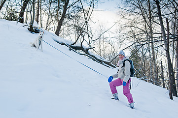 Image showing The woman with a dog in winter on walk