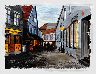 Image showing Illustration of city street. Watercolor style.