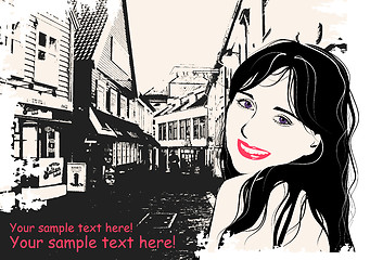 Image showing fashion girl in sketch style on a  Scandinavian city-background.