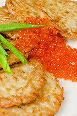 Image showing pancakes with red caviar