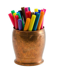 Image showing colorful felt tip pens retro copper bowl isolated 