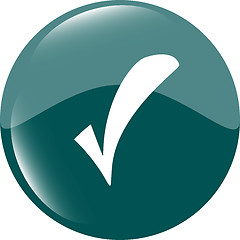 Image showing Green glossy web button with check mark sign. Rounded shape icon