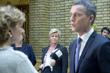 Image showing Siv Jensen In Focus while the Prime Minister is interviewed 