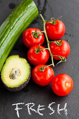 Image showing Fresh tomatoes and avocado and cucumber