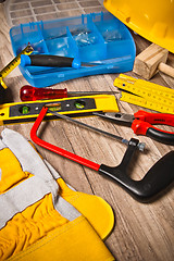 Image showing Working tools on a board, a close up