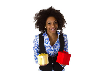 Image showing African american woman with gift boxes 