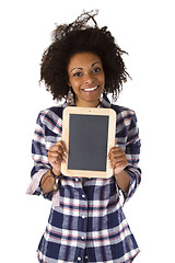 Image showing Female afro american with blank chalkboard