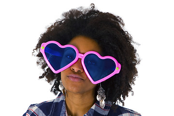 Image showing Funny afro american with pink sunglasses