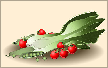 Image showing Illustration tomato, spinach, green peas. Set of greens and vege