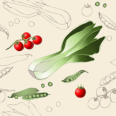 Image showing Seamless background. Illustration tomato, spinach, green peas. 