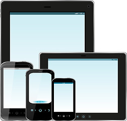 Image showing Set of realistic display, tablet computer and mobile phone template with blue screen