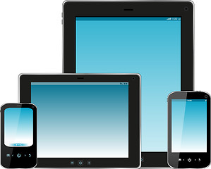 Image showing Tablet pc and smartphone with blue screen