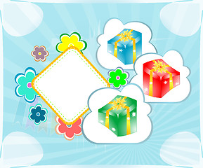 Image showing seamless pattern with gift boxes, empty frame and cute flowers