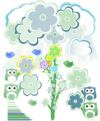 Image showing birthday party card with cute birds and owl on trees and flowers