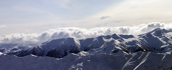 Image showing Panorama of evening mountains in clouds